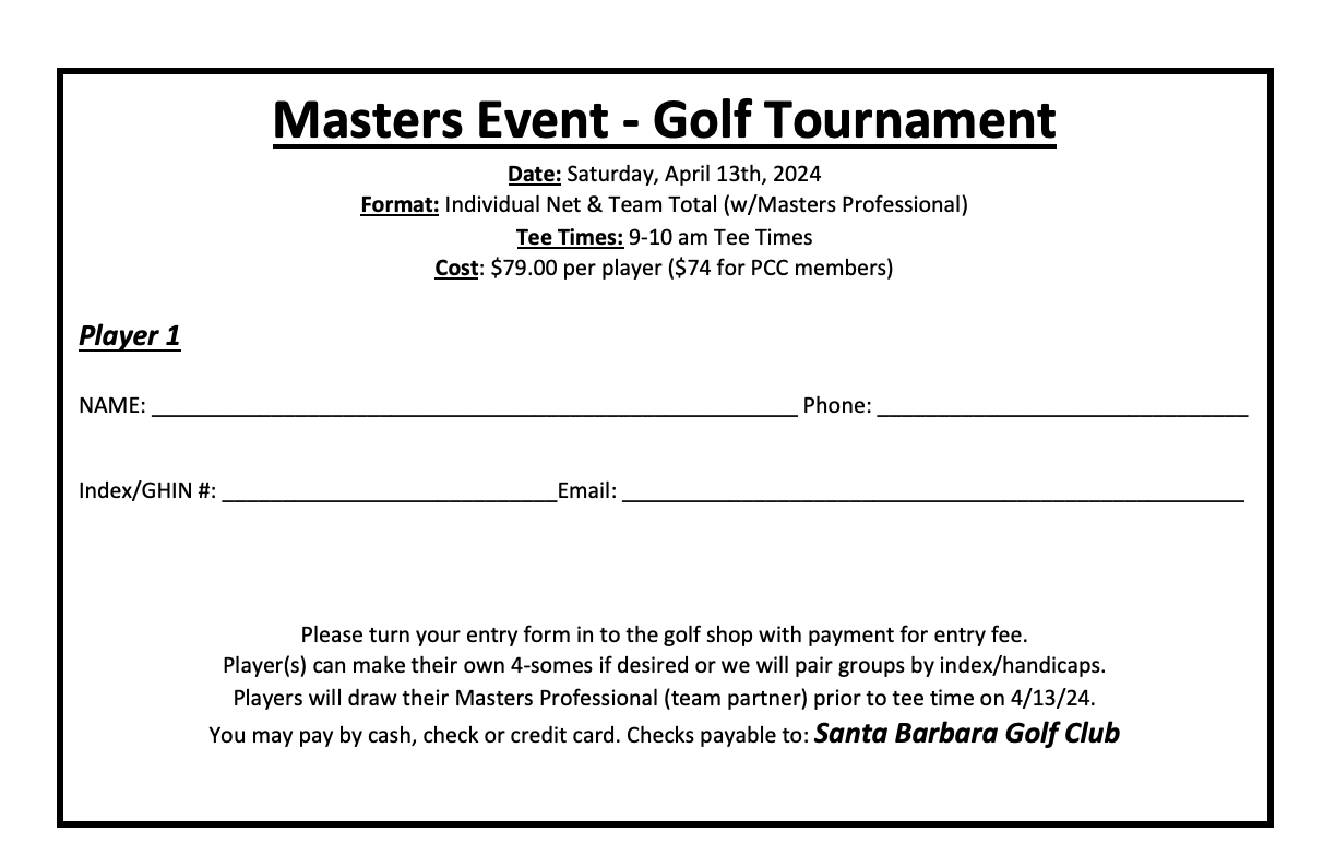 Masters Golf Tournament Registration Sheet